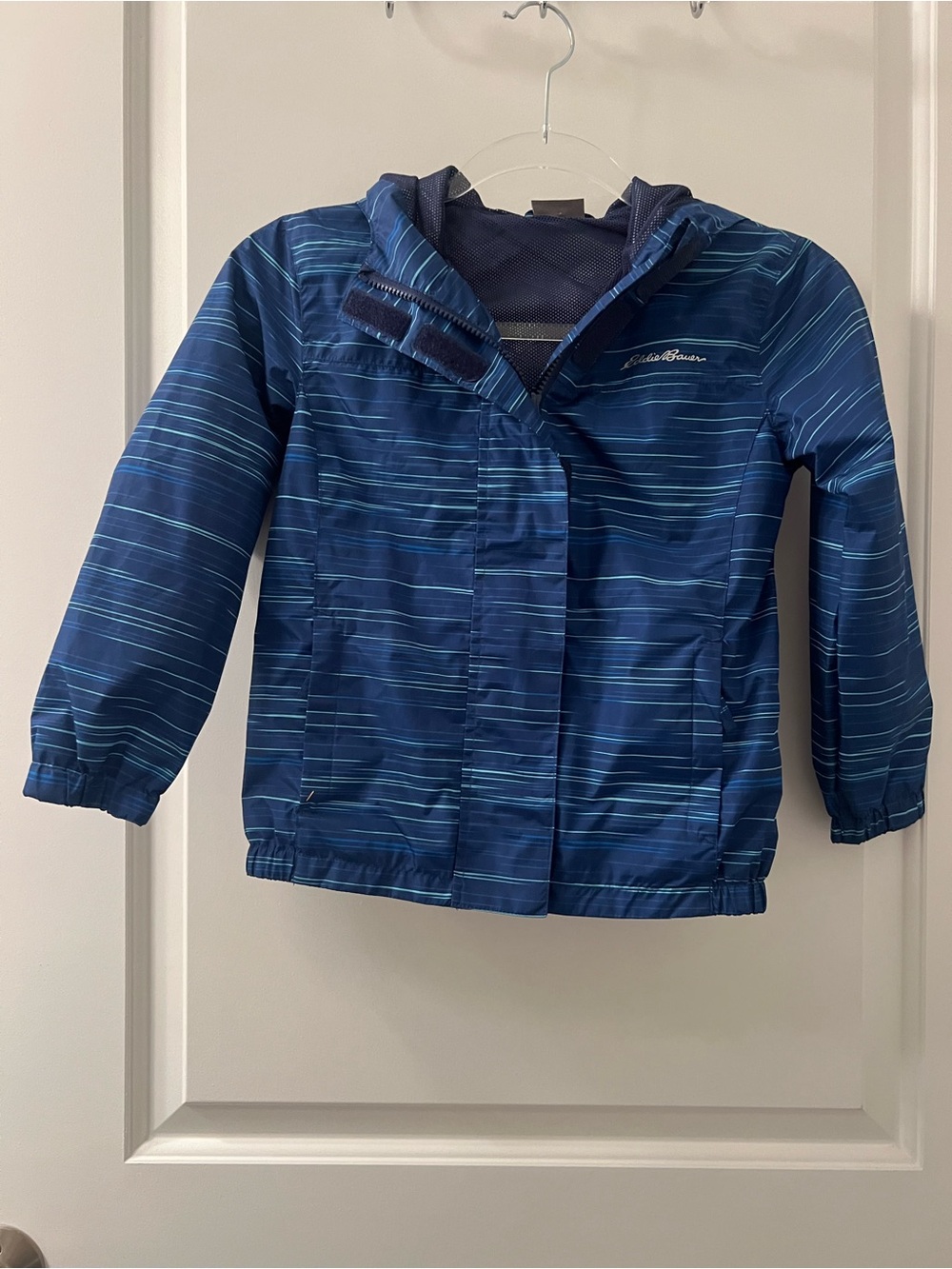 Eddie Bauer Kids XS 5/6 Blue Striped Hooded Rain Jacket
